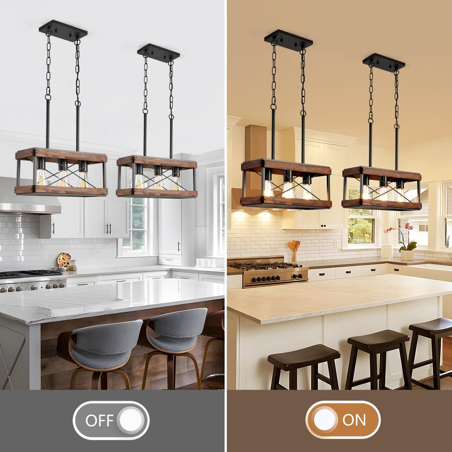 HOXIYA Farmhouse Kitchen Island Light, 3 Lights Pendant Lighting Fixture, Rustic Wood Chandelier, Adjustable Height Metal Linear Light for Dining Room Kitchen Bar Pool Table.