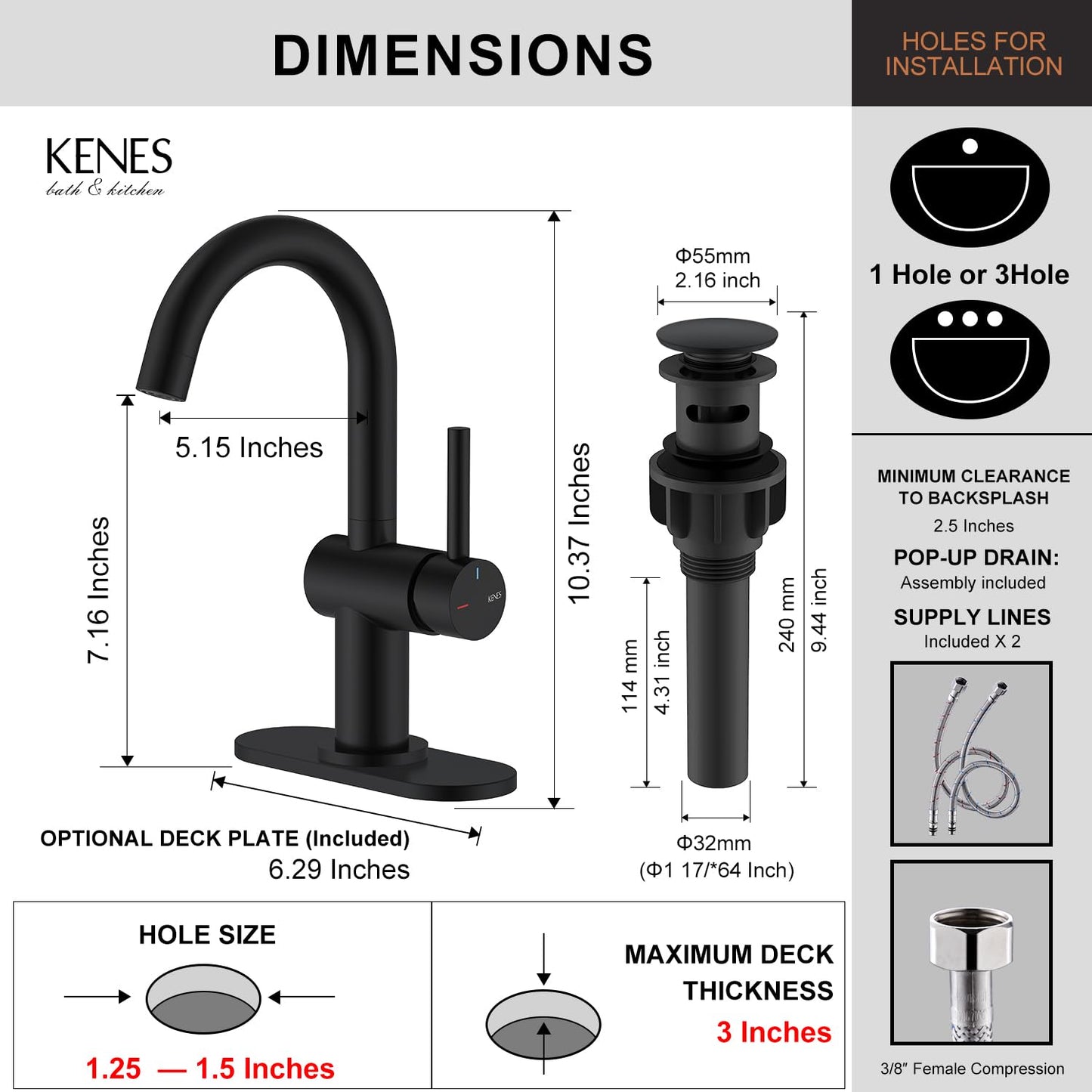 KENES Matte Black Bathroom Sink Faucet, Bathroom Faucets Single Handle Modern Prep Wet Bar Sink Faucets with Drain Assembly & Deck Plate, Farmhouse RV Camper Outdoor Utility Faucet, KE-9005B-2