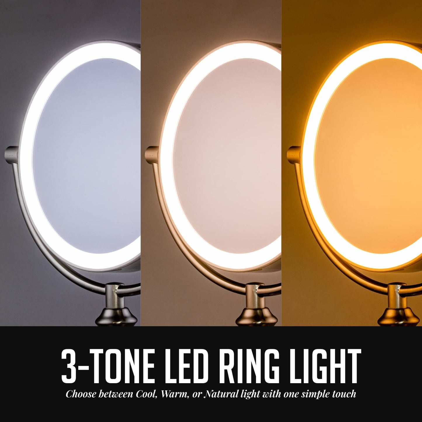 OVENTE 8" Lighted Tabletop Makeup Mirror with 1X/10X Magnification, Double Sided Vanity Mirror, 360° Swivel Design, 3-Tone Smart Touch Glow LED Lights with Auto Shut Off, Nickel Brushed MPT751BR1X10X