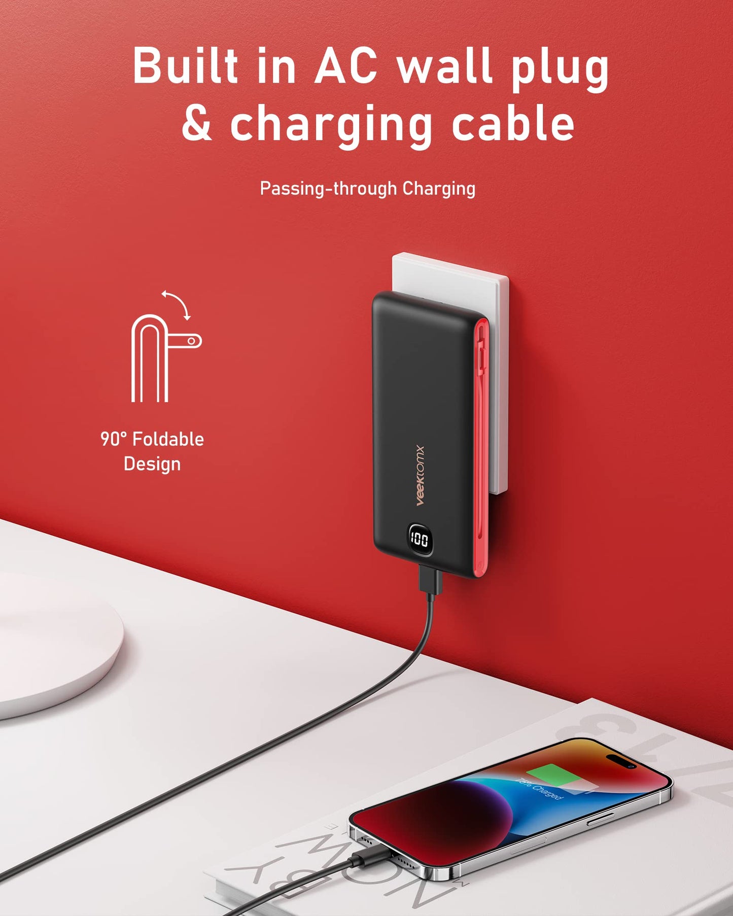 VEEKTOMX Portable Charger with Built in Cables 10000mAh, Power Bank for iPhone with AC Wall Plug, Fast Charging USB C Slim Battery Pack with LED Display Compatible with iPhone15/14/13, Samsung