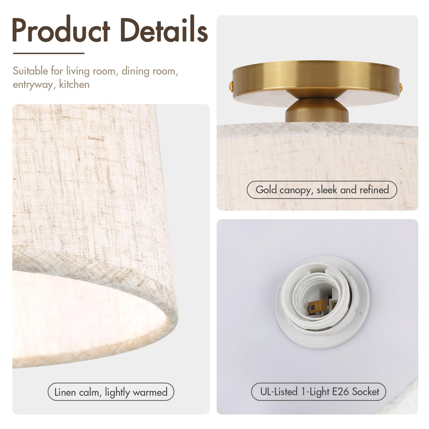 HILUXIA 2P Modern Ceiling Light Fixture, 10 Inch Semi Flush Mount Lamp with Linen Shade, E26 Base, Gold for Kitchen Bedroom Hallway Closet Entryway Room Small Spaces, 2 Pack