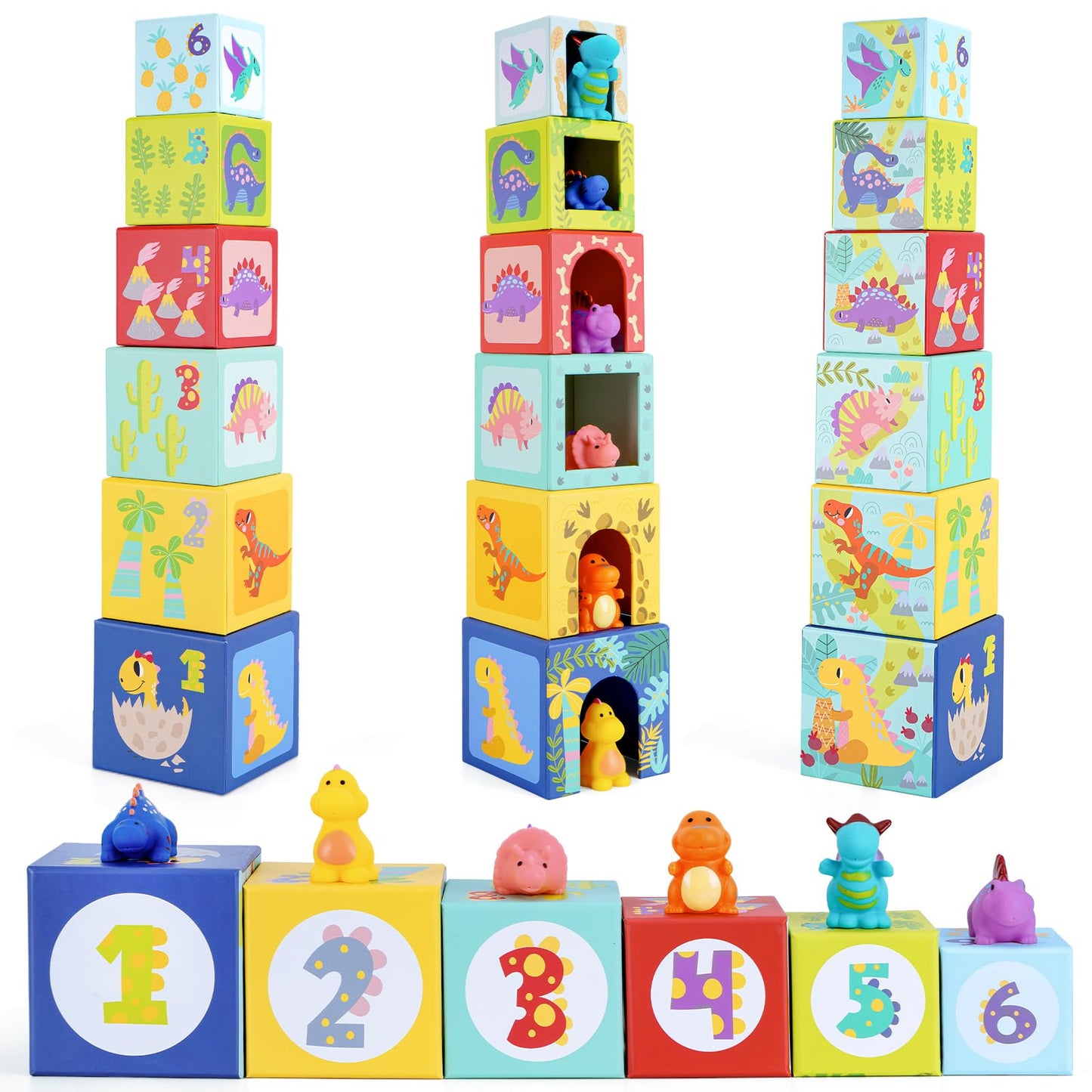 Toddlers and Babies Dinosaur Sorting and Stacking Toys Blocks for 1-3 Kids Preschool Learning, Numbers Nesting Boxes Montessori Toys Gifts for 1 2 3 Year Old Baby Boys Girls