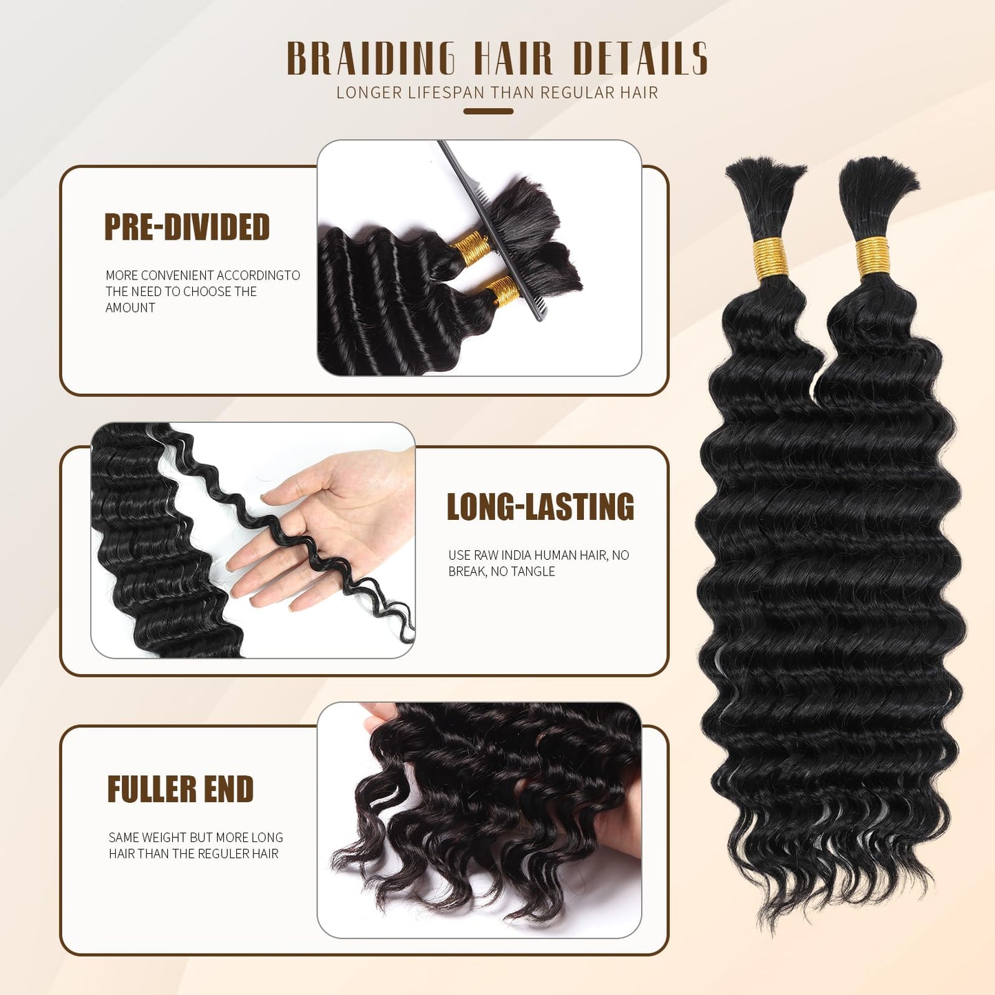 DMKEEP Deep Wave Human Braiding Hair 20 Inch Top Grade Human Hair Braiding Hair 2 Bundles 100g No Weft Bulk Human Hair for Braiding Hair Extensions Natural Color