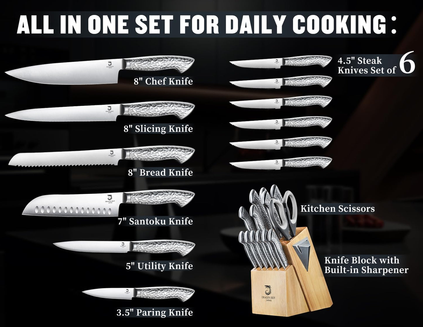 14 PCS Knife Set with Wood Block - Stainless Steel Kitchen Knife Block Set with Built in Sharpener, Dishwasher Safe, Rust Resistant, Non-Slip Ergonomic Handle - Gift for Men Women and Housewarming
