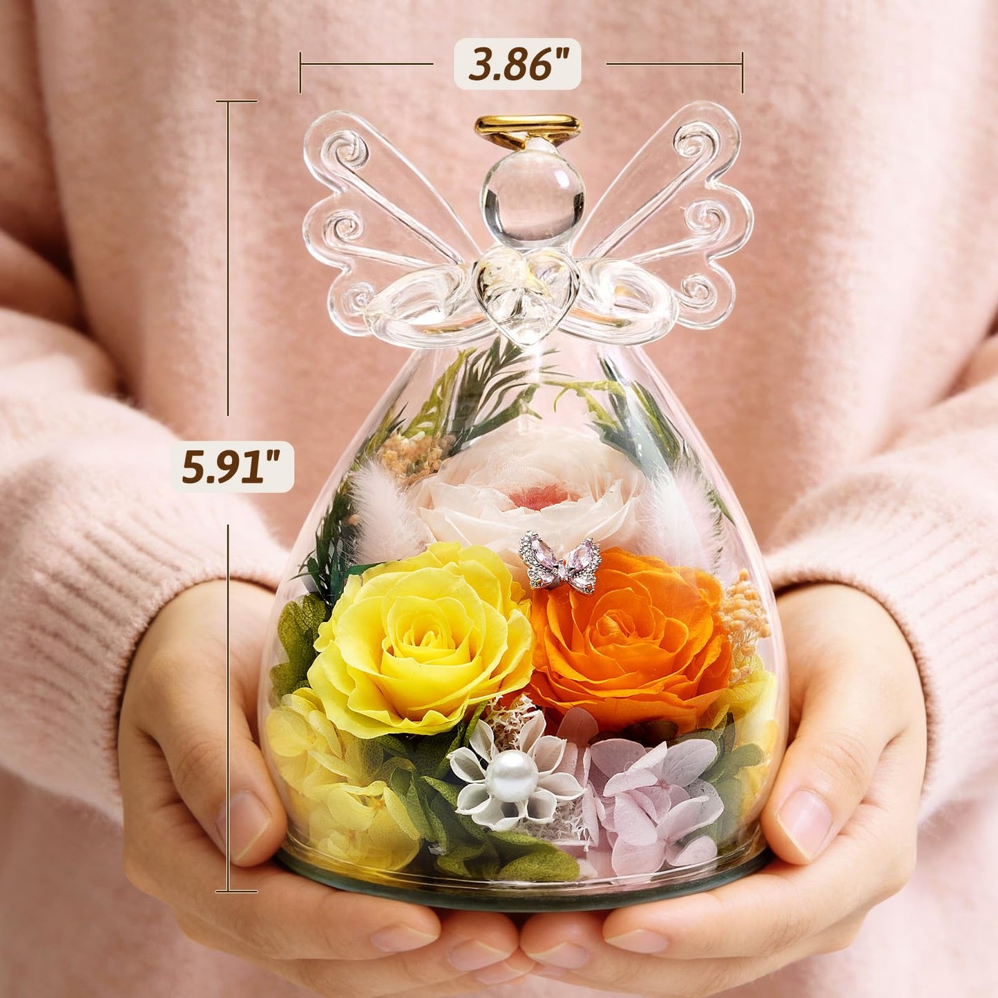 Forever Flower Gifts for Her: Blessed Flowers for Graduation-Daughter Wife Mom Grandma-Preserved Flowers in Glass Angel-Flowers for Delivery Prime on Birthday Anniversary Valentines (Orrange 1)