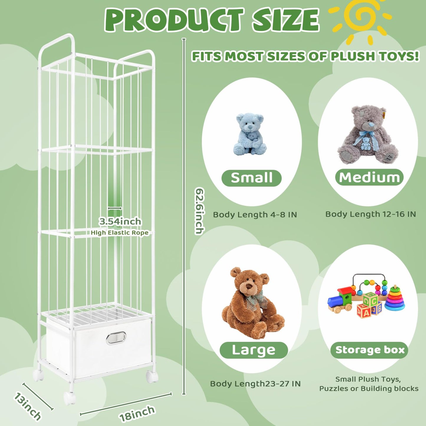 Puppiluv Stuffed Animal Storage, Metal Stuff Animals Zoo Holder with Fabric Drawer and Wheels Tall Vertical Plushies Toy Organizer Plush Storage Cage with Elastic Band for Nursery Playroom Corner