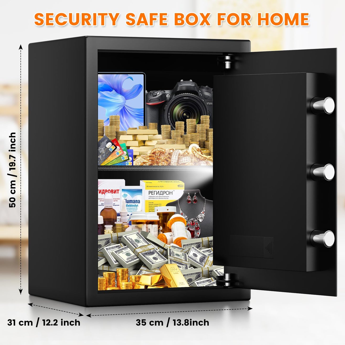 3.8 Cub Large Fireproof Safe for Home Use, Digital Home Safes Water and Fireproof with Backup Keys and Alarm System, Anti-Theft Fire Proof Safe Box for Home Office
