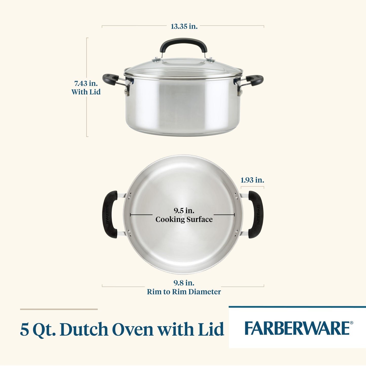 Farberware Brilliance Dutch Oven Pot with Lid, 5 Quart, Stainless Steel