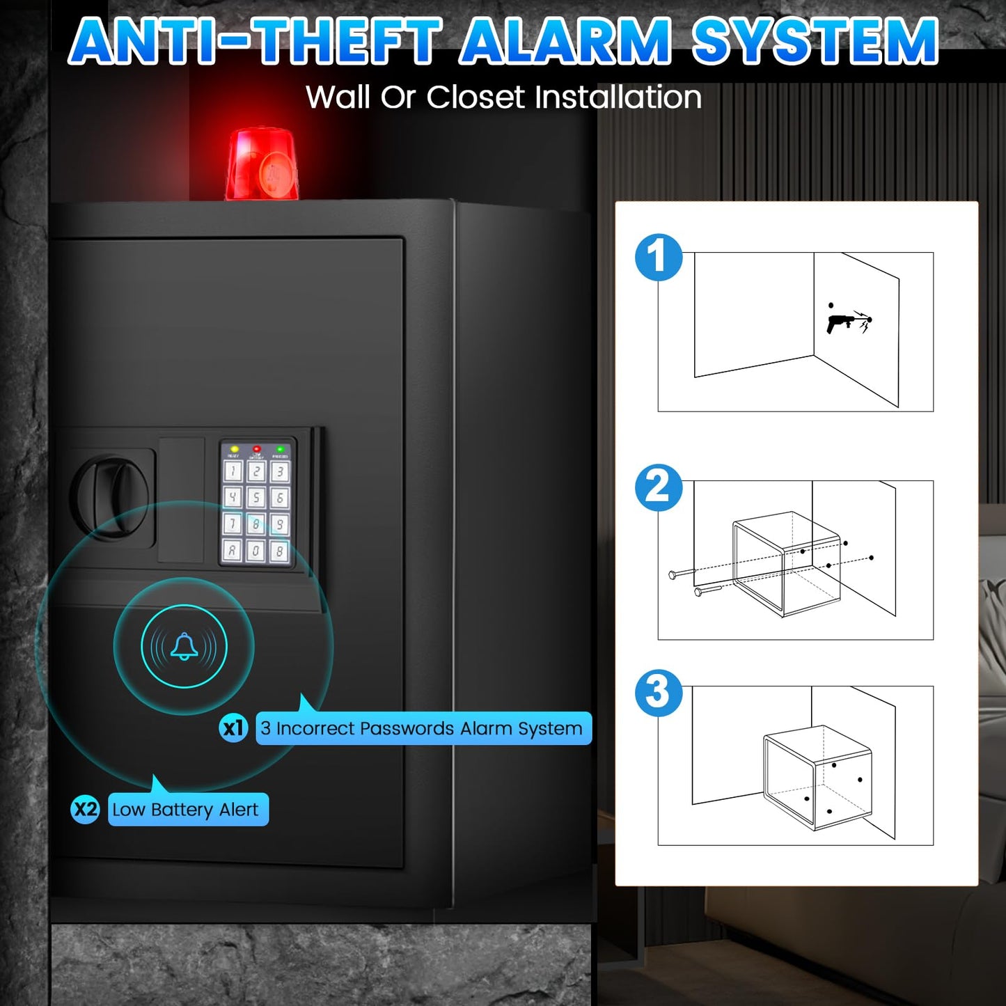 3.3 Cuft Safe Box, Home Safe with Fireproof Waterproof Bag, Anti-Theft Digital Security Lock Box with Smart Alert System, Removable Shelf, Mute Function, Personal Document Safes for Money Jewelry