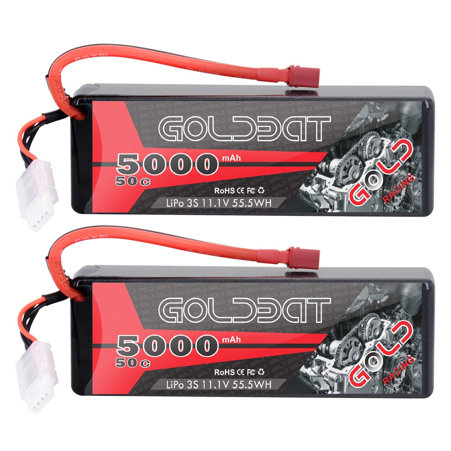 GOLDBAT 11.1V 5000mAh 3S 50C Lipo RC Battery Pack Hard Case with Deans T Connector for E-maxx Axial RC Car Truck Buggy Truggy Hobby (2 Pack)