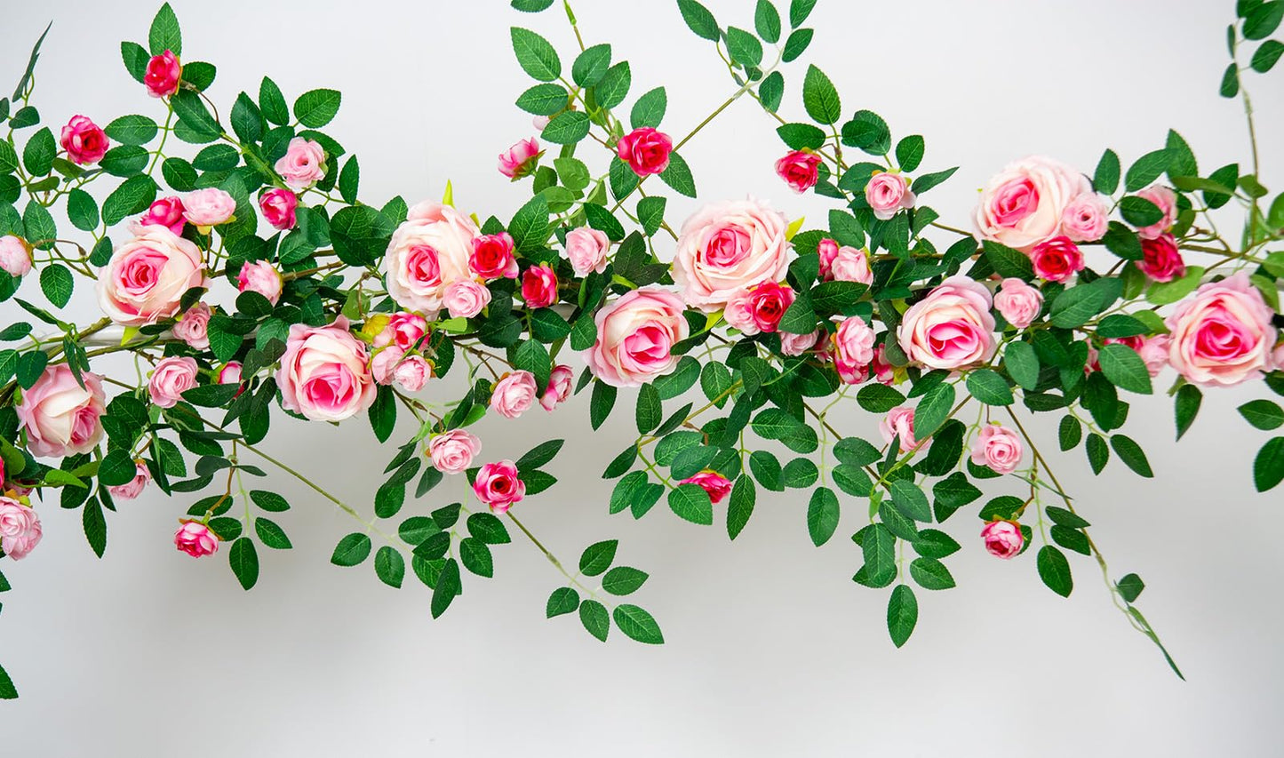 2 PCS 12FT Bendable Flower Garland, Artificial Rose Vine Hanging Floral Garland Decoration for Weding Home Room Wall Decor (Pink)
