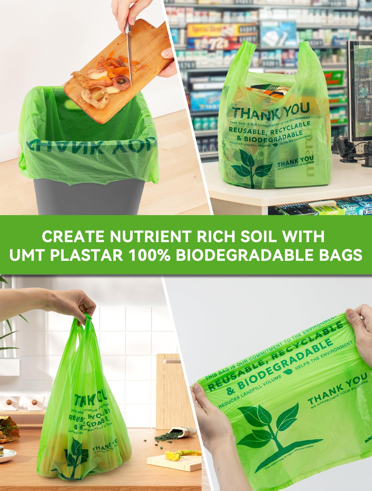 UMT Plastar 500 Count Recyclable Compostable 100% Biodegradable T-Shirt Bags, Eco-Friendly Grocery Shopping Bags, 11.5" x 6.25" x 21", 16 Mic