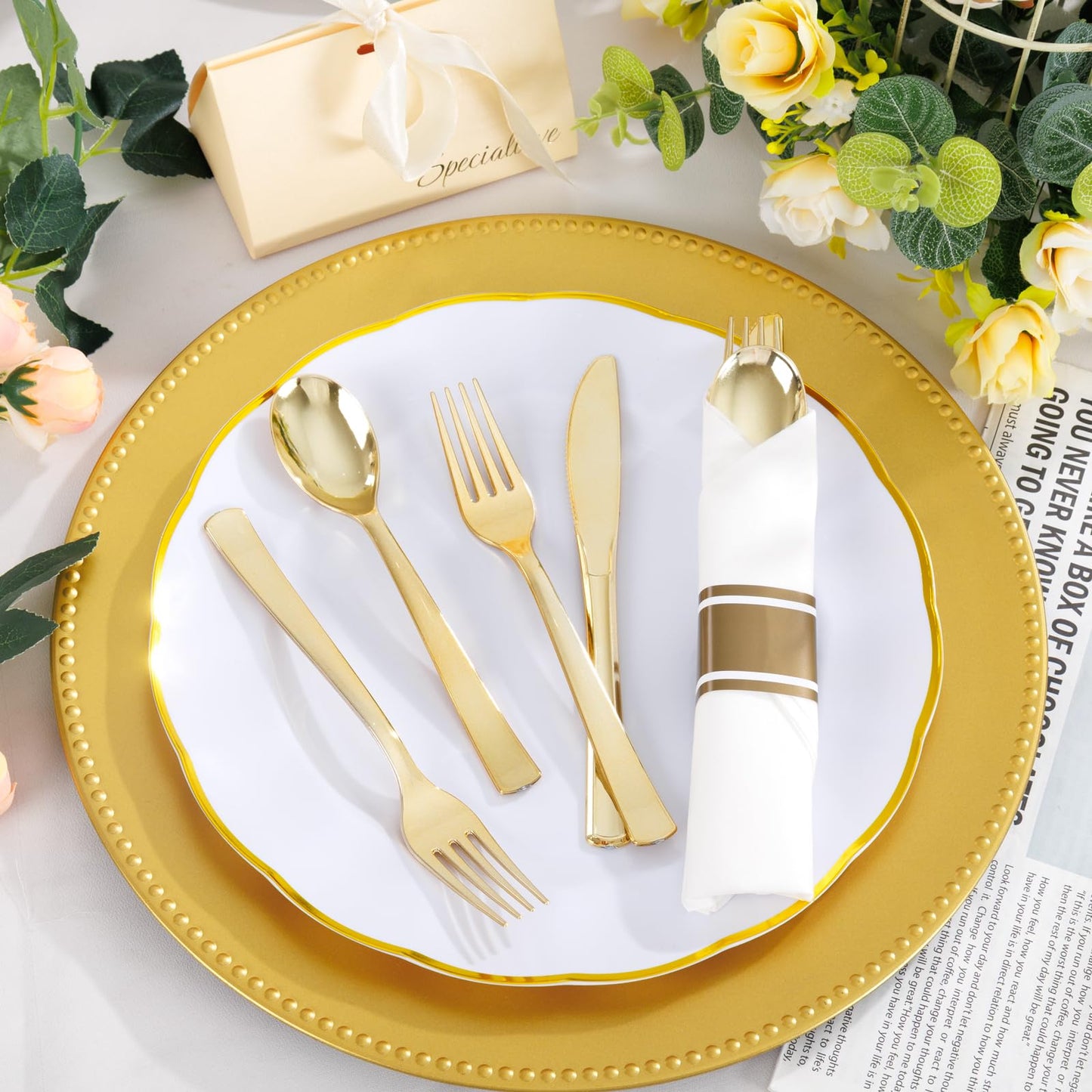 EI 120Pack Pre Rolled Gold Plastic Silverware,Wrapped Plastic Cutlery Set with Napkin,Disposable Silverware Set with Napkin, Gold Wrapped Silverware Perfect for Party/Birthday/Wedding
