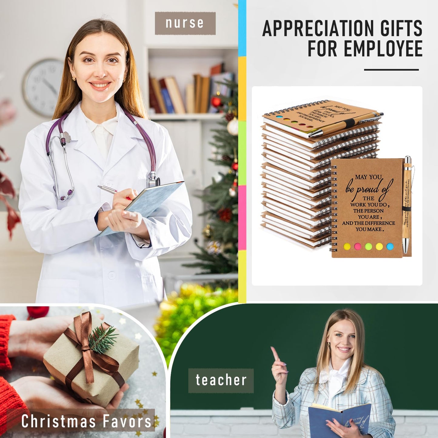 Chuangdi 20 Sets End of Year Teacher Appreciation Gifts Inspirational Spiral Notebook Journal with Sticky Notepad Motivational Pen Bulk Thank You Gifts for Coworker Team Office Supplies (Kraft)