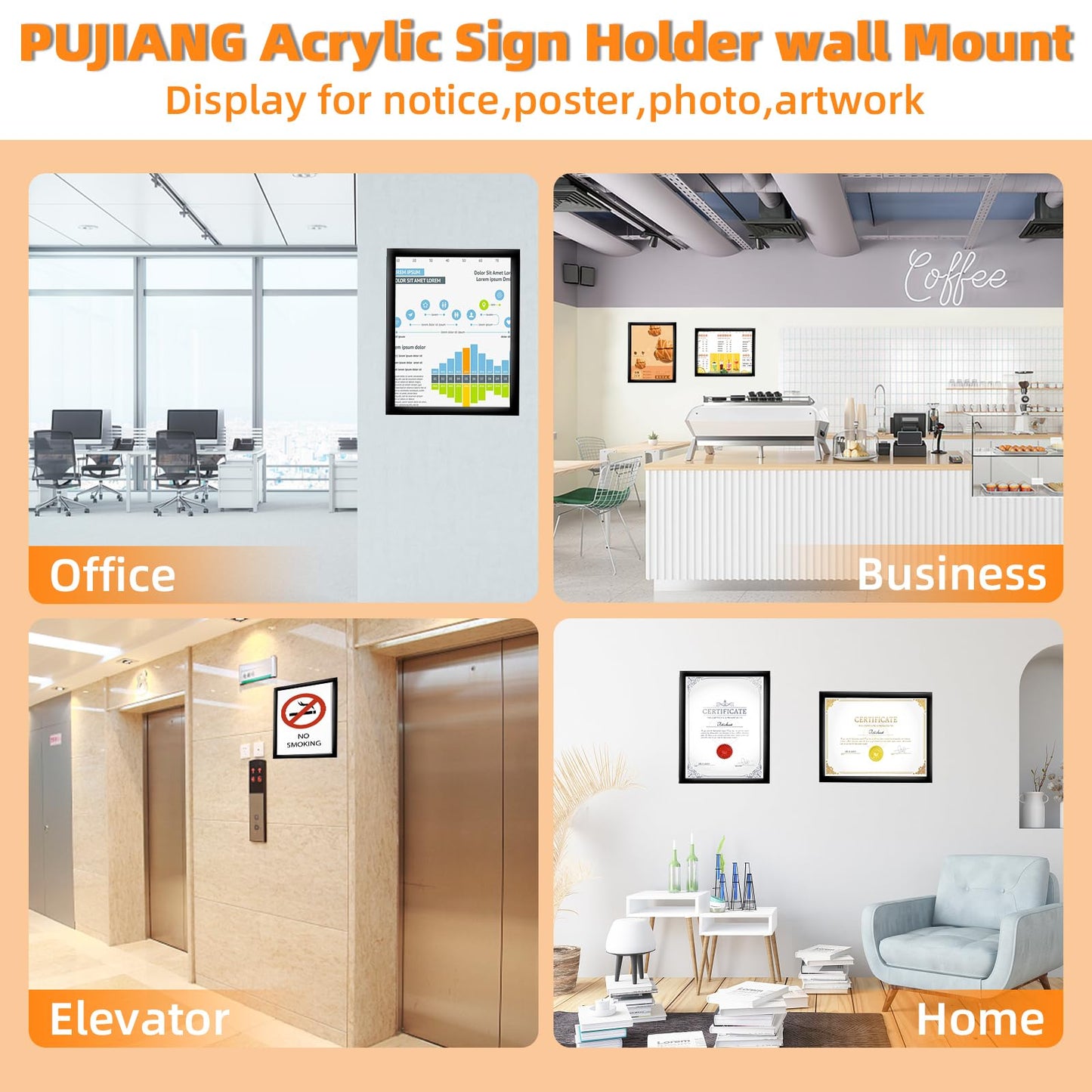 PUJIANG 6 Pack Acrylic Sign Holder 8.5x11 Wall Mount,Clear Wall Sign Holder with Tape,Horizontal & Vertical Display,Plastic Sign Holder for Wall Door Glass Window Fridge-No Drilling