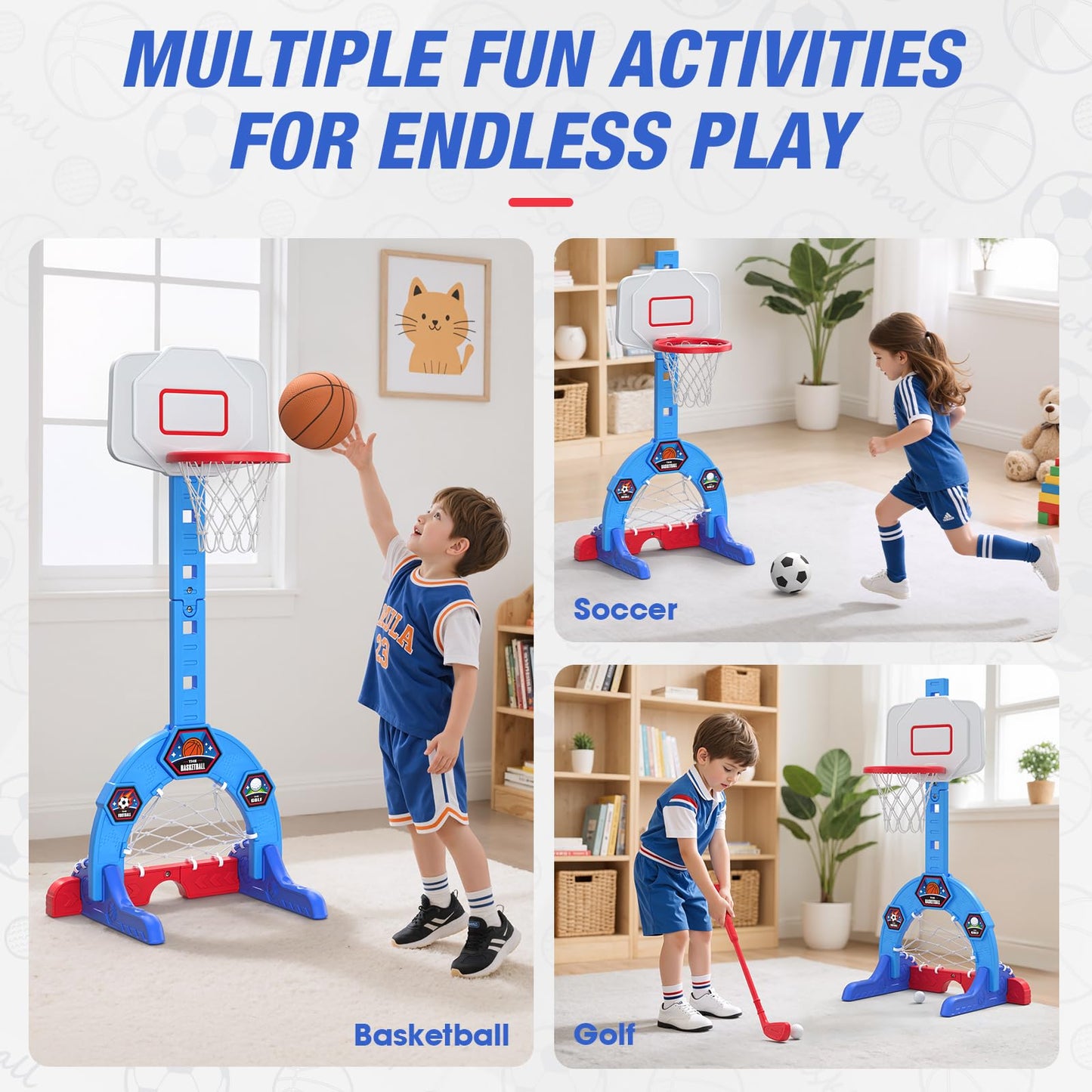 HYES Toddler Basketball Hoop, 3-in-1 Sports Activity Center with Soccer Goal, Golf Game, 5 Height Adjustable Kids Basketball Hoop, Indoor Outdoor Playset Toys Gifts for Boys Girls 3-5, Blue