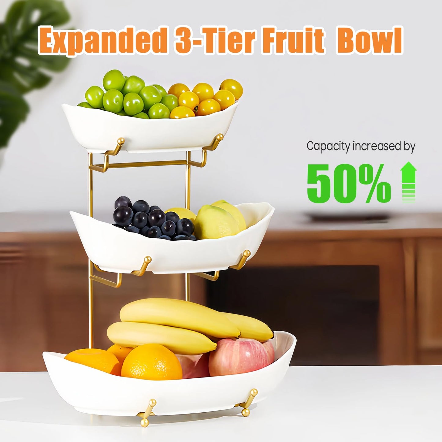 HOMKULA Ceramic Fruit Bowl for Kitchen Counter - 3 Tier Fruit Basket with Metal Stand, Tiered Fruit Stand for Countertop, Snack, Nuts, Cake, Dessert, Cute (Gold, Large)