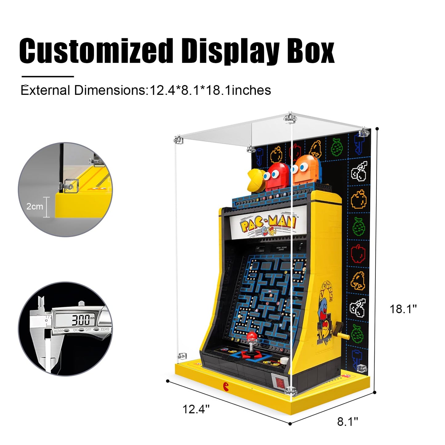 Acrylic Display Case for Lego Pac-Man Arcade Machine Building Toy Set, Dustproof Display Box for Lego Pac-Man Arcade Machine 10323, Customized Decorative Box & HD Painted Background