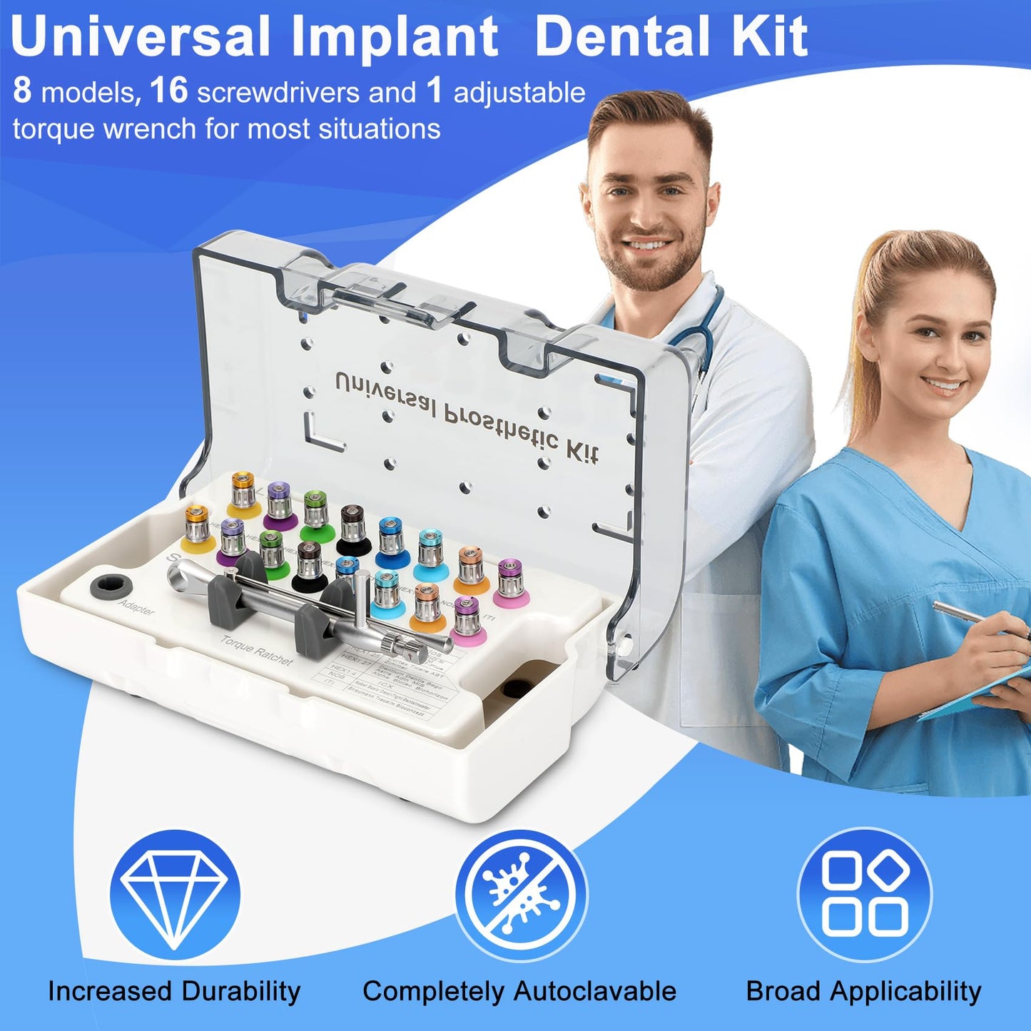 Dental Implant Torque Wrench Set Universal Prosthetic Kit Dental Implant Kit with Torque Adjustable Ratchet Screwdrivers 16pcs, Fully Autoclavable,10-70Ncm, Secure/Disassemble Implant Restorations