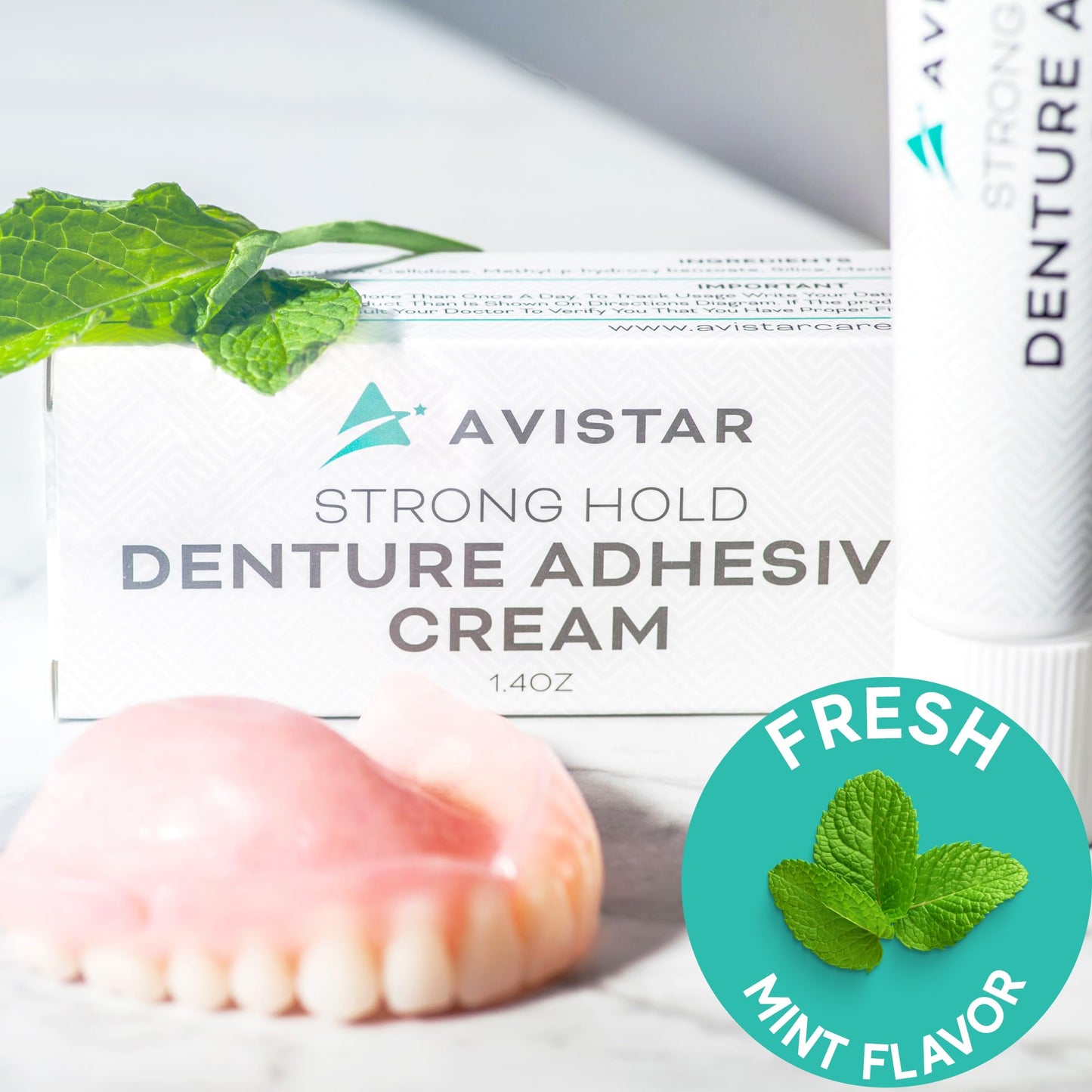 Extra Strong Denture Adhesive Cream, 12 Hour Hold Dental Glue, Waterproof, Zinc & Fluoride Free, Easy Apply Nozzle, Seals Food Out for Comfort, Mint Flavor (5 Pack, 7 Fl Oz)