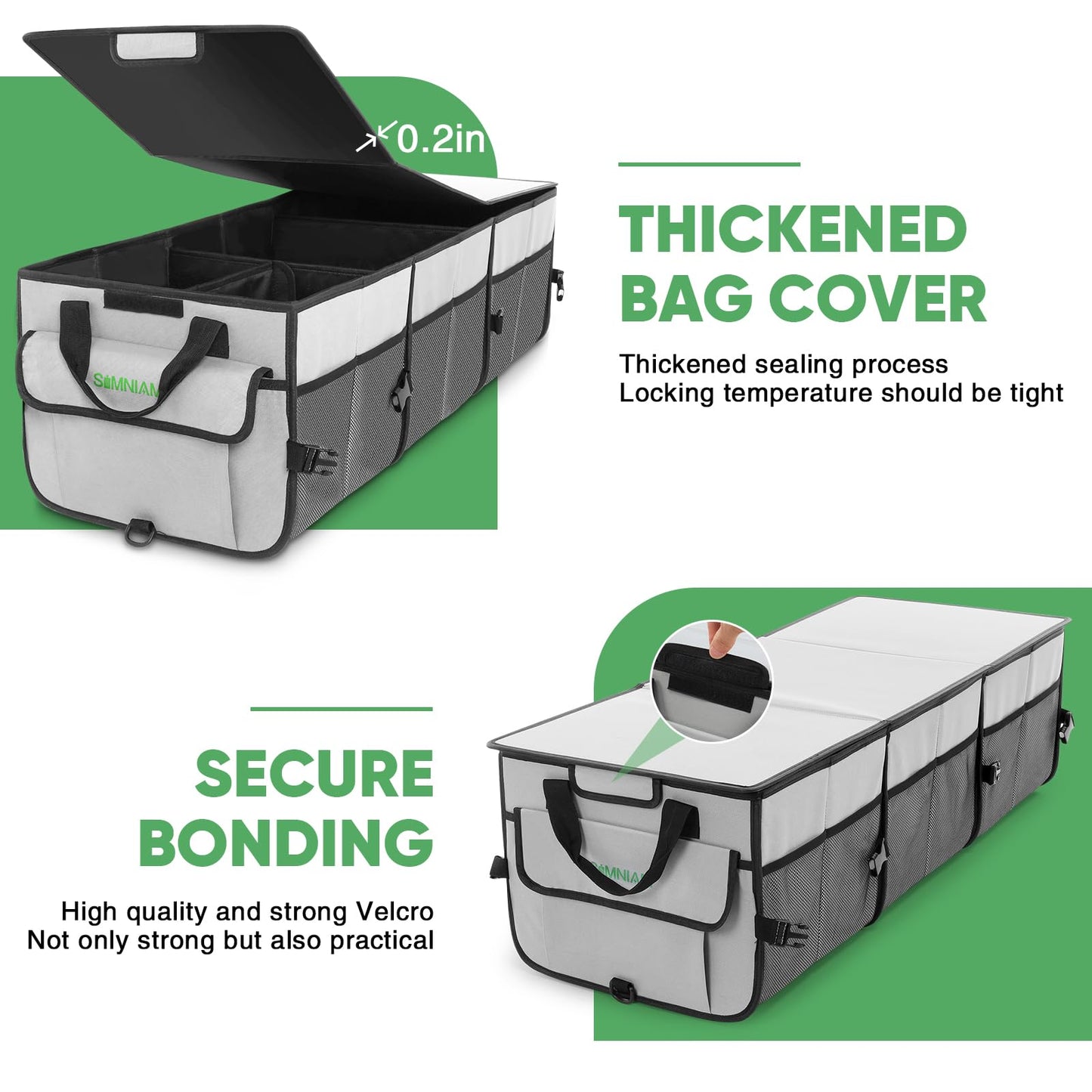 Simniam Car Trunk Organizer with Insulated Grocery Bag- 110L High Capacity Car Storage Box, with 4 Compartments, Reflective Strip, Cover, for Auto, SUV, Truck, Minivan