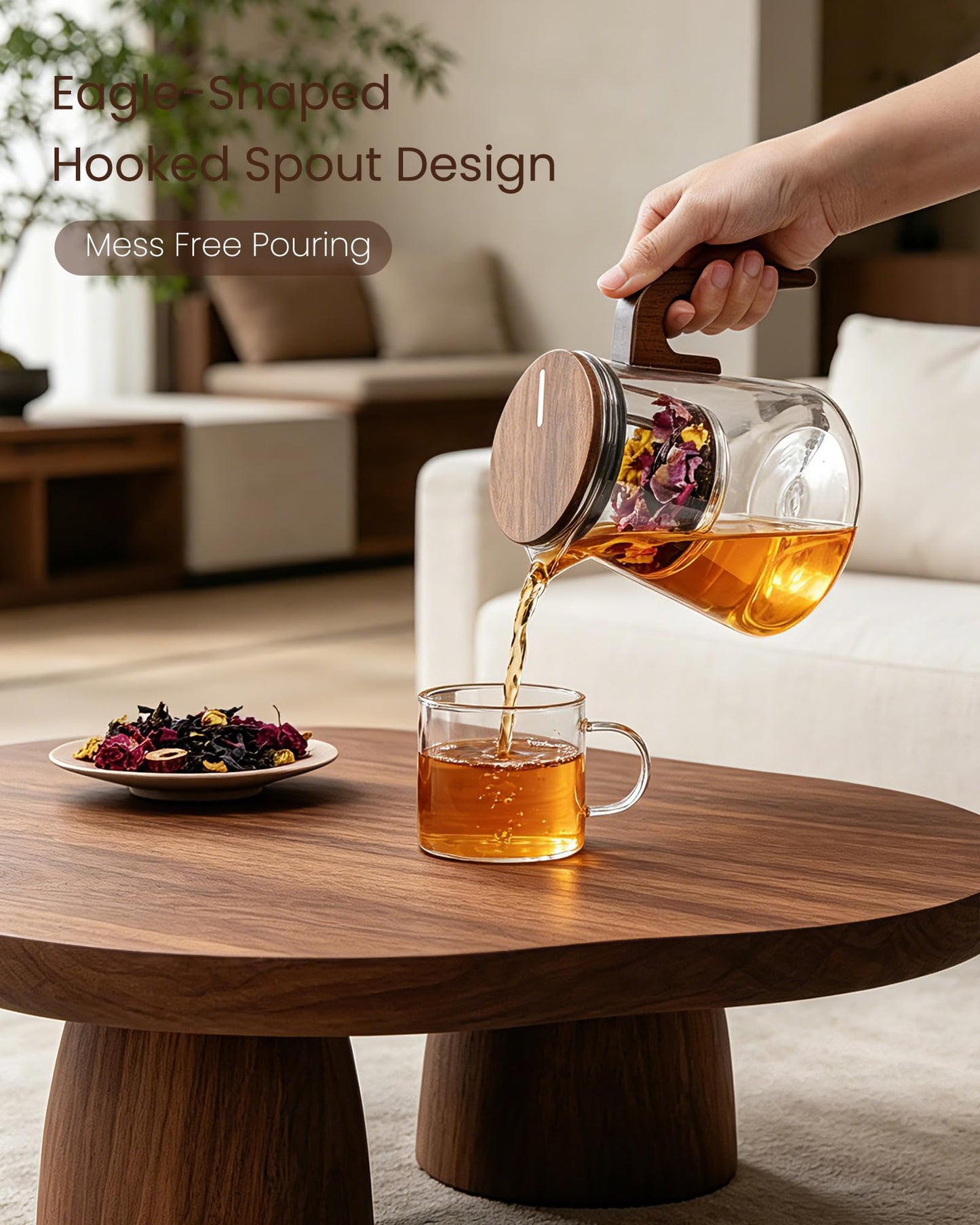 ZENS Magnetic Tea Pot, Enchanted Glass Teapot with Infuser and Magnetic Suction Lid for Mess-Free Loose Tea Diffusers, Walnut Wood Handle, Tea Lovers Gifts