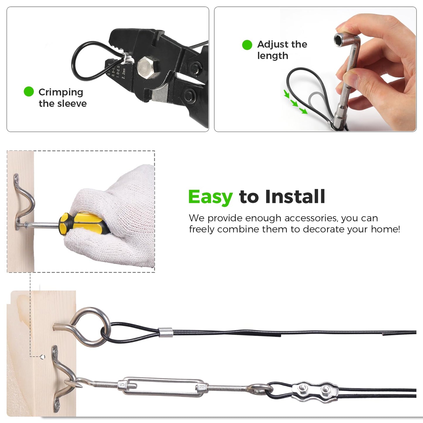 WAYSKA String Light Hanging Kit with 250FT Nylon Coated Stainless Steel 304 Wire Rope Cable Suspension Kit Included Enough Accessories, Turnbuckles and Hooks for Patio, Outdoor and Backyard Lighting