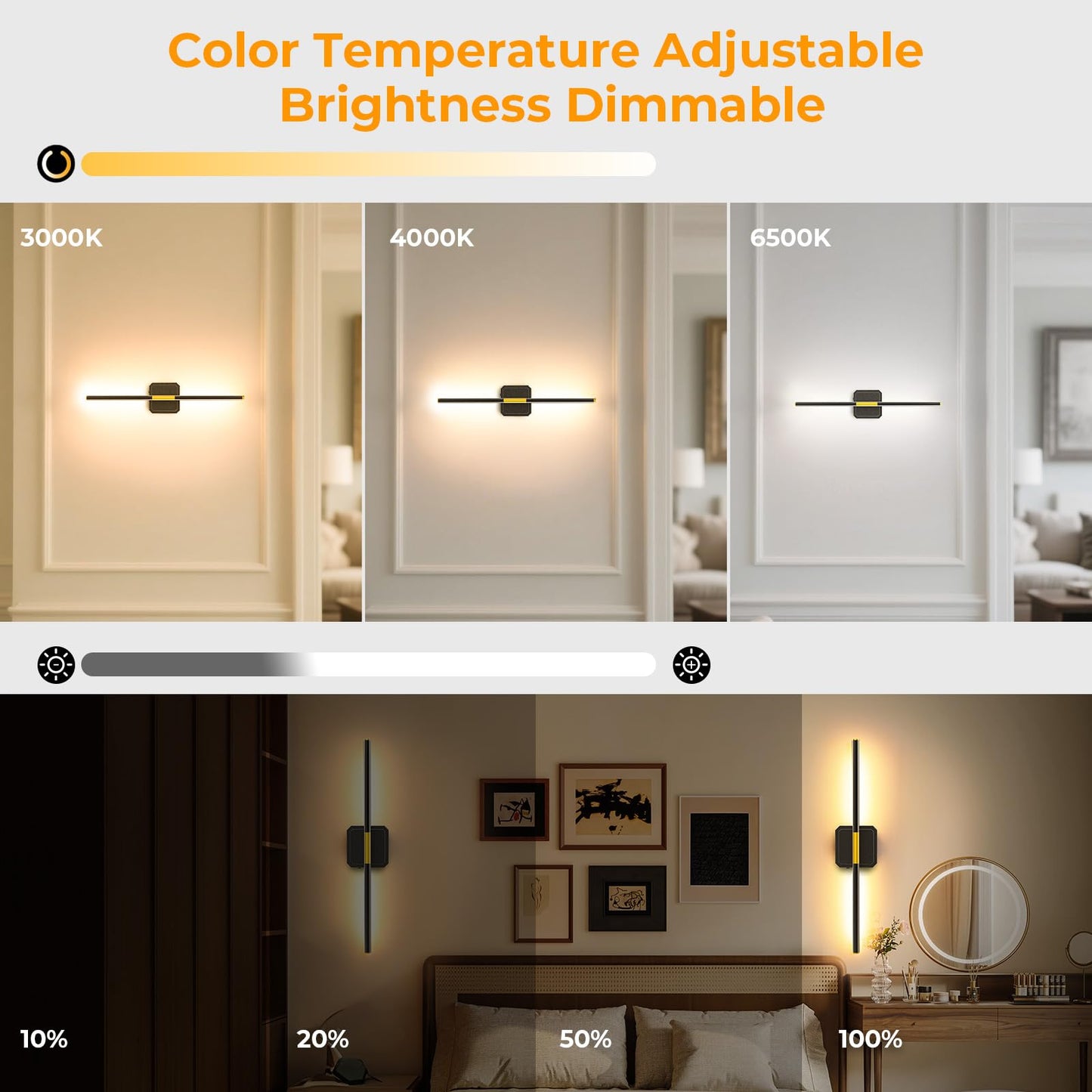 GvvooHome Battery Operated Wall Sconces Set of 2, Detachable 360°Rotate Wall Lamps, 3000-6500K Dimmable with Remote Control, 10000mAh Rechargeable Wall Light for Bedroom, Living Room, 28.3" Black Gold