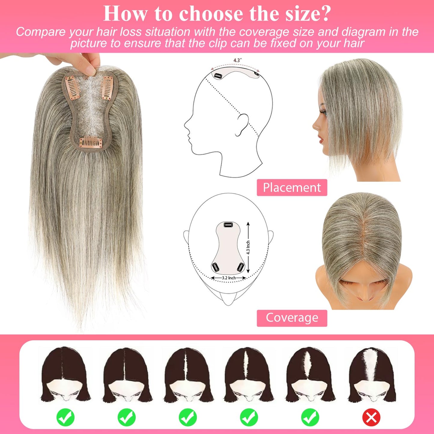 Uaismewow Hair Toppers for Women Real Human Hair Grey Hair Toppers Clip in Hair Toppers Human Hair Remy Hair Toppers for Women with Thinning Hair Real Human Hair 10inch Hair Toppers for Women