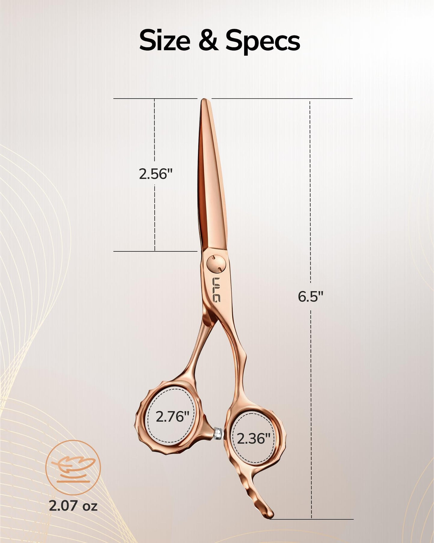 ULG Professional Hair Cutting Scissors with Luxury 18K Rose Gold Finish 6.5” Barber Scissors 440C Japanese Stainless Steel Hand-Honed Razor Sharp Blades Offset Handles Tension Adjustable, Right-Handed