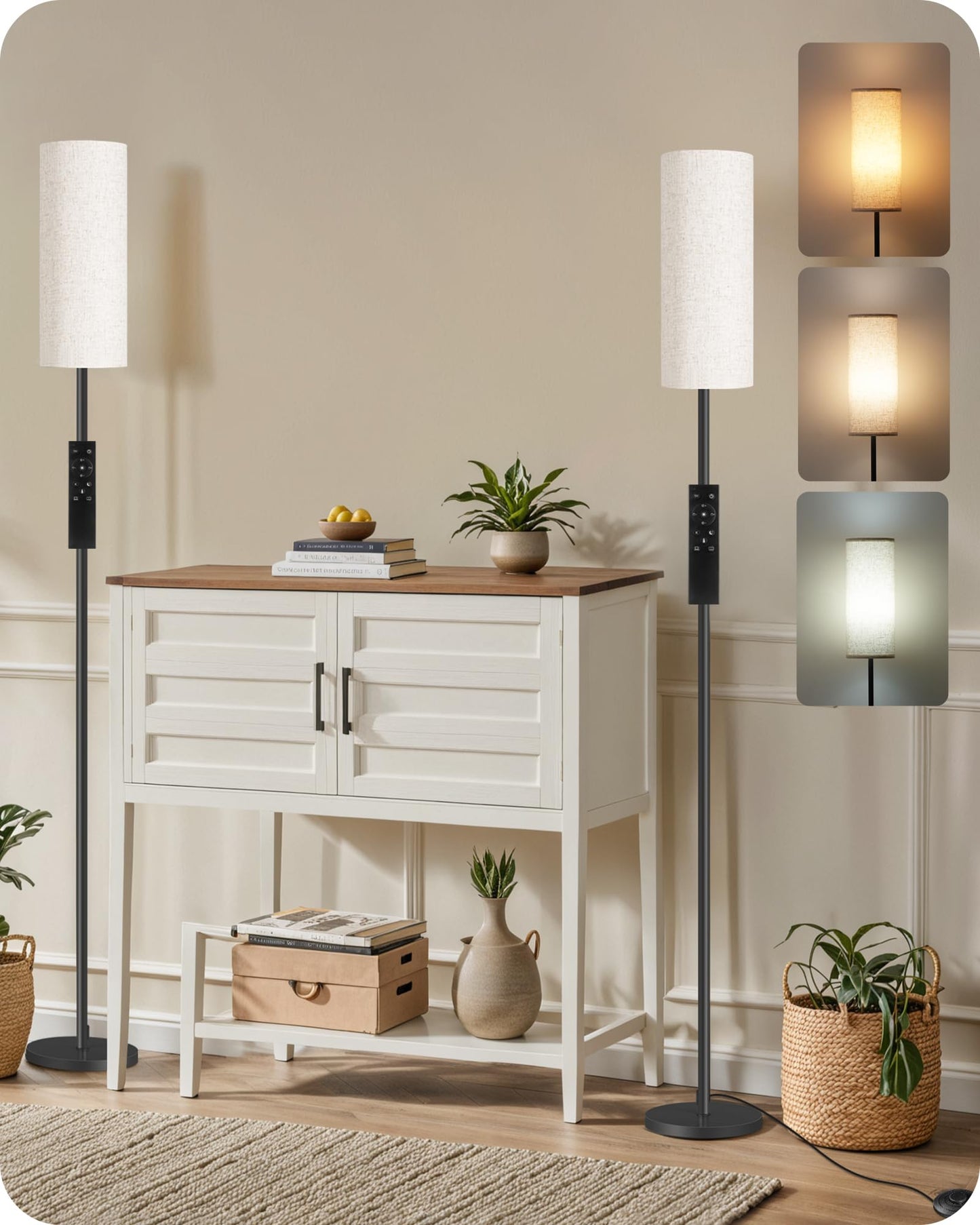 Set of 2 Slim Floor Lamps for Living Room with 2 Magnetic Remotes and Foot Switch, Dimmable Standing Lamp Mood for Bedroom Nursery, 3 Color Temperatures, 1-Hour Timer, 900LM Bulb Included, Beige Shade