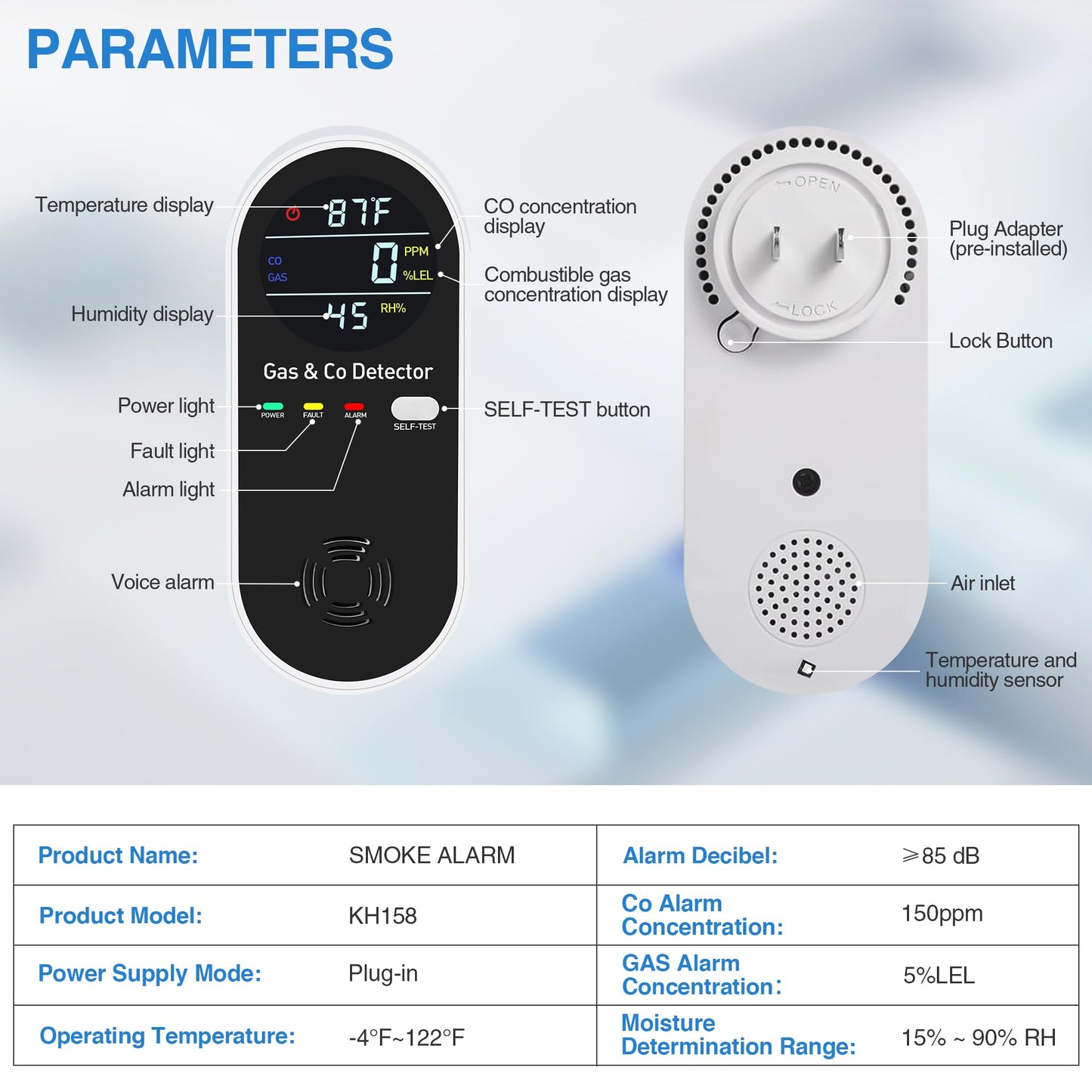 4-in-1 Portable Carbon Monoxide Detectors Plug-in – Natural Gas Leak Detector, Methane & CO Alarm with Dual Sensor, Temperature & Humidity Display for Home, RV, Travel, 3 Pack