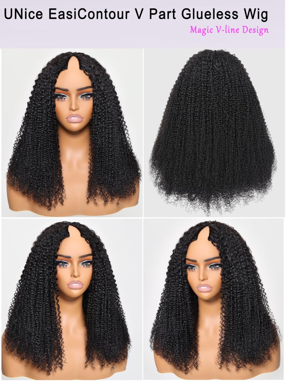 UNICE EasiContour Kinky Curly V Part Wigs Human Hair Minimal Leave Out Brazilian Glueless U Part Human Hair Wig Beginner Friendly No Sew in No Glue 150% Density 18 inches
