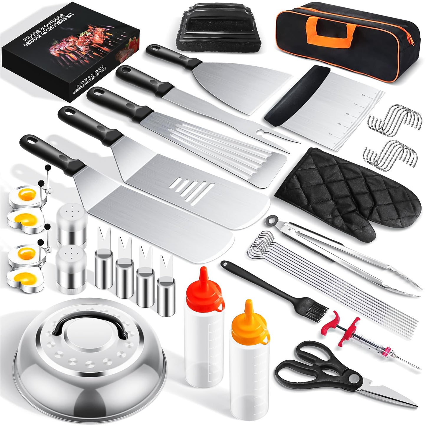 Griddle Accessories Kit for Blackstone and Camp Chef, 45 PCS Upgraded Flat Top Grill Accessories, Household Griddle Spatula Set with Enlarged Spatulas, Basting Cover, Scraper, for Outdoor
