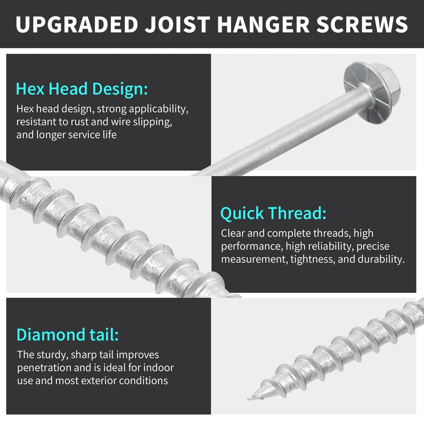 SD Connector Screws, #9 x 2-1/2" Heavy‑Duty Joist Hanger Screws, 1/4" Hex Head Wood Screws, 0.380" Dia Deck Screw, 10D Nails Replacement Screw, Mech Galvanized Wear & Deformation Resistant (500‑Qty)