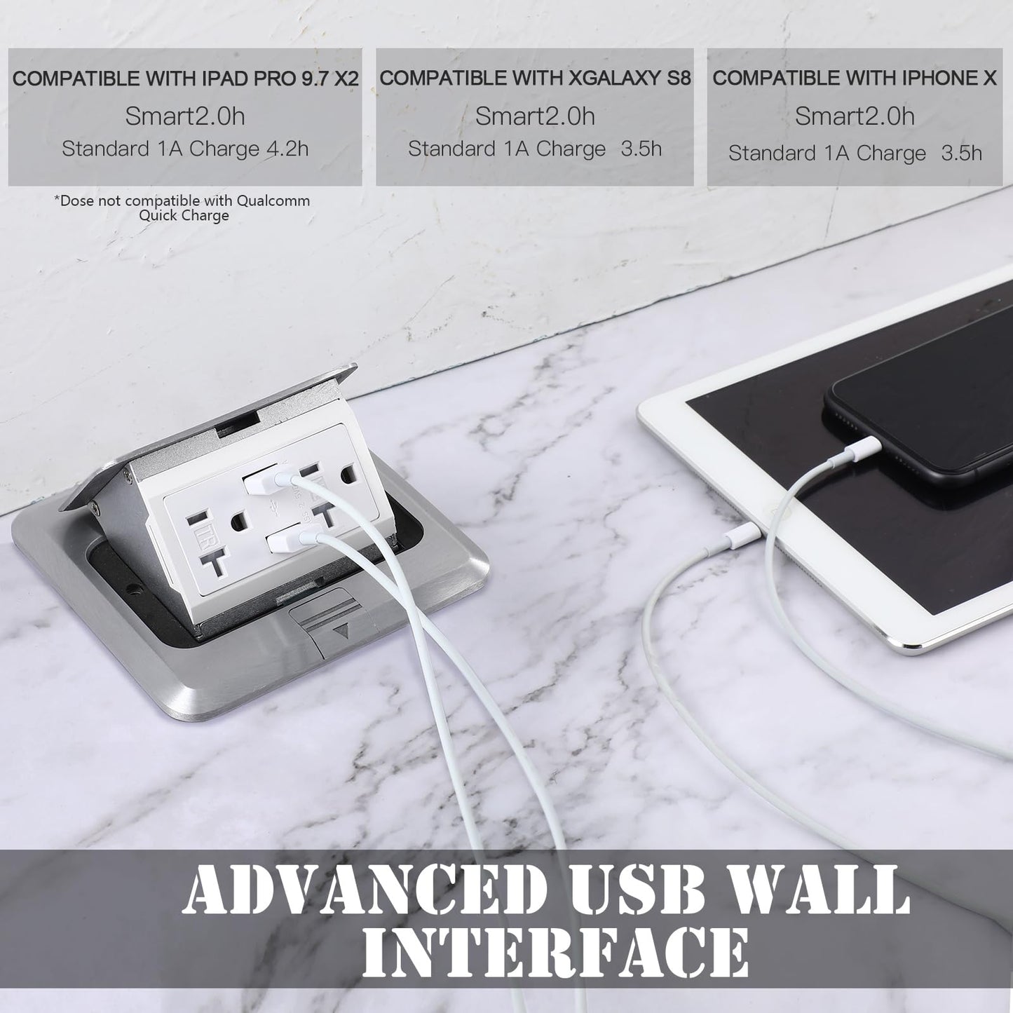 Hoolerry 4 Pack Pop up Floor Electrical Outlet Cover Box Kit with 4.8A USB Charger 20Amp Waterproof Weatherproof Floor Tamper Resistant Outlet Receptacle for Countertop Home (Silver)