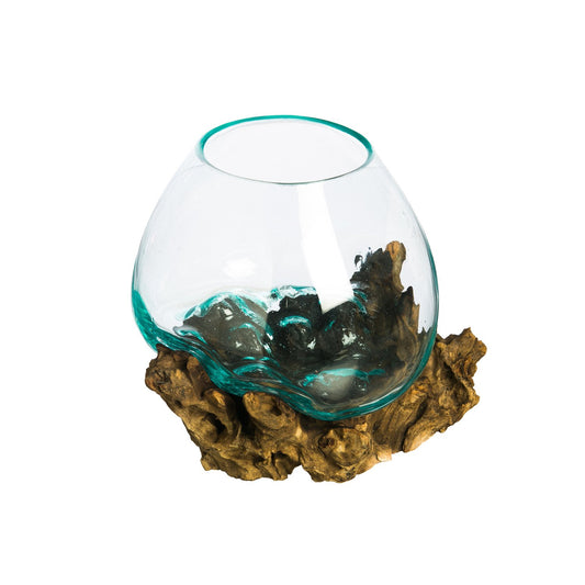 Cape Craftsmen 10" H Hand-Blown Blue Tinted Bubble Glass On Natural Teak Driftwood Terrarium | Home Décor Indoor Planter with Stand | Pot for Succulent and Plants