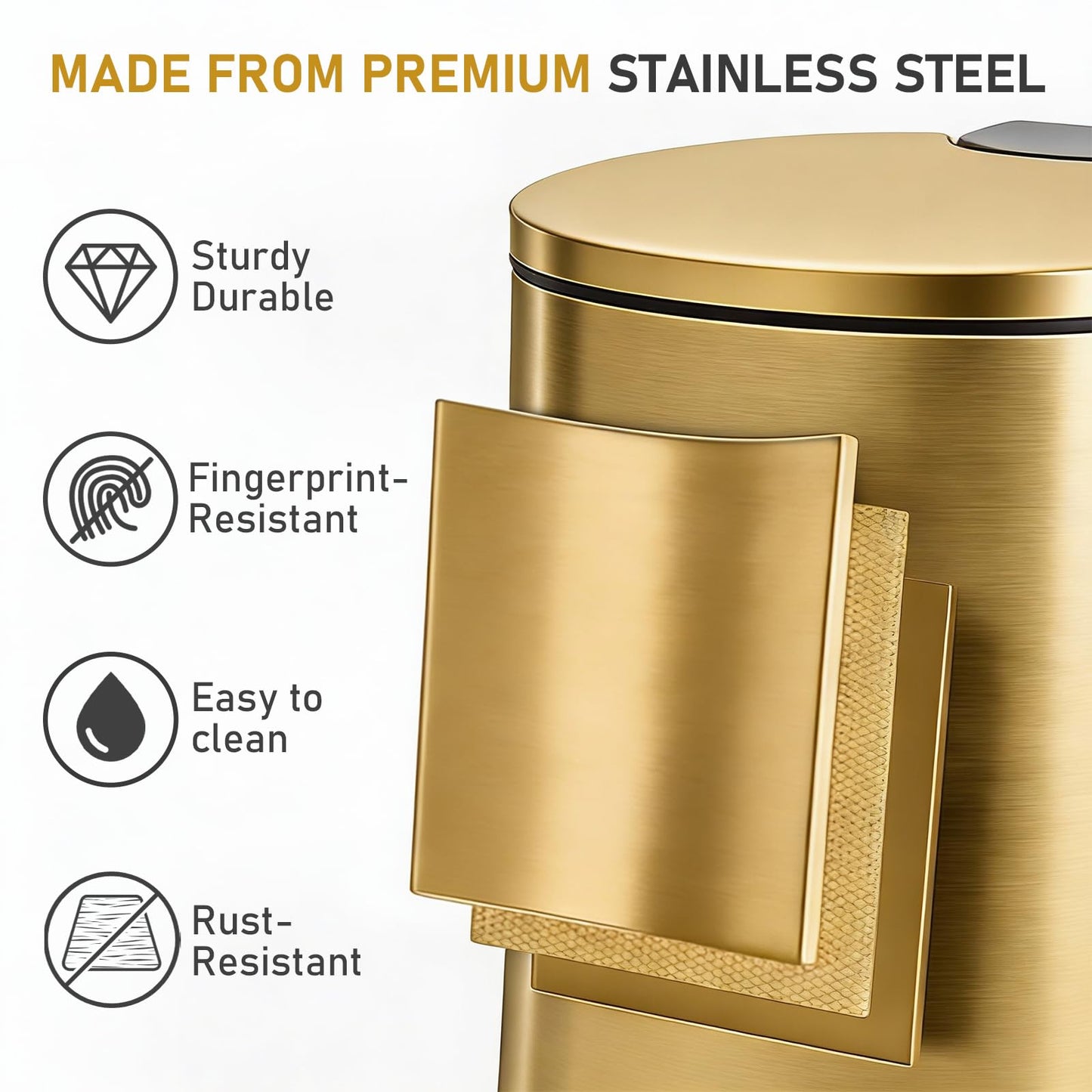 SIMPLYKLEEN Bathroom Trash Can with Lid - 2PC 1.3 Gallon/ 5L Oval Small Trash Can with Soft-Close Lid, Foot Pedal, Brushed Stainless Steel, Removable Liner, Garbage can for Kitchen, Office, Home Gold