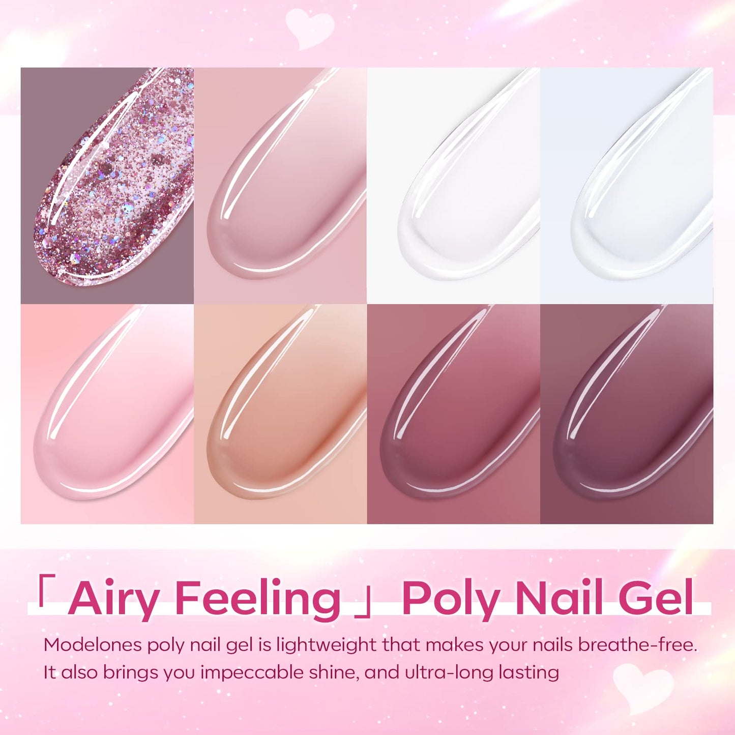 Modelones Poly Nail Gel Kit 8 Rosy Pink Colors with 48W LED Nail Lamp Poly Extension Gel Complete Nail Art Tools Professional Starter Manicure Kit Supplies Rhinestone GlittersBeauty Gift DIY at Home