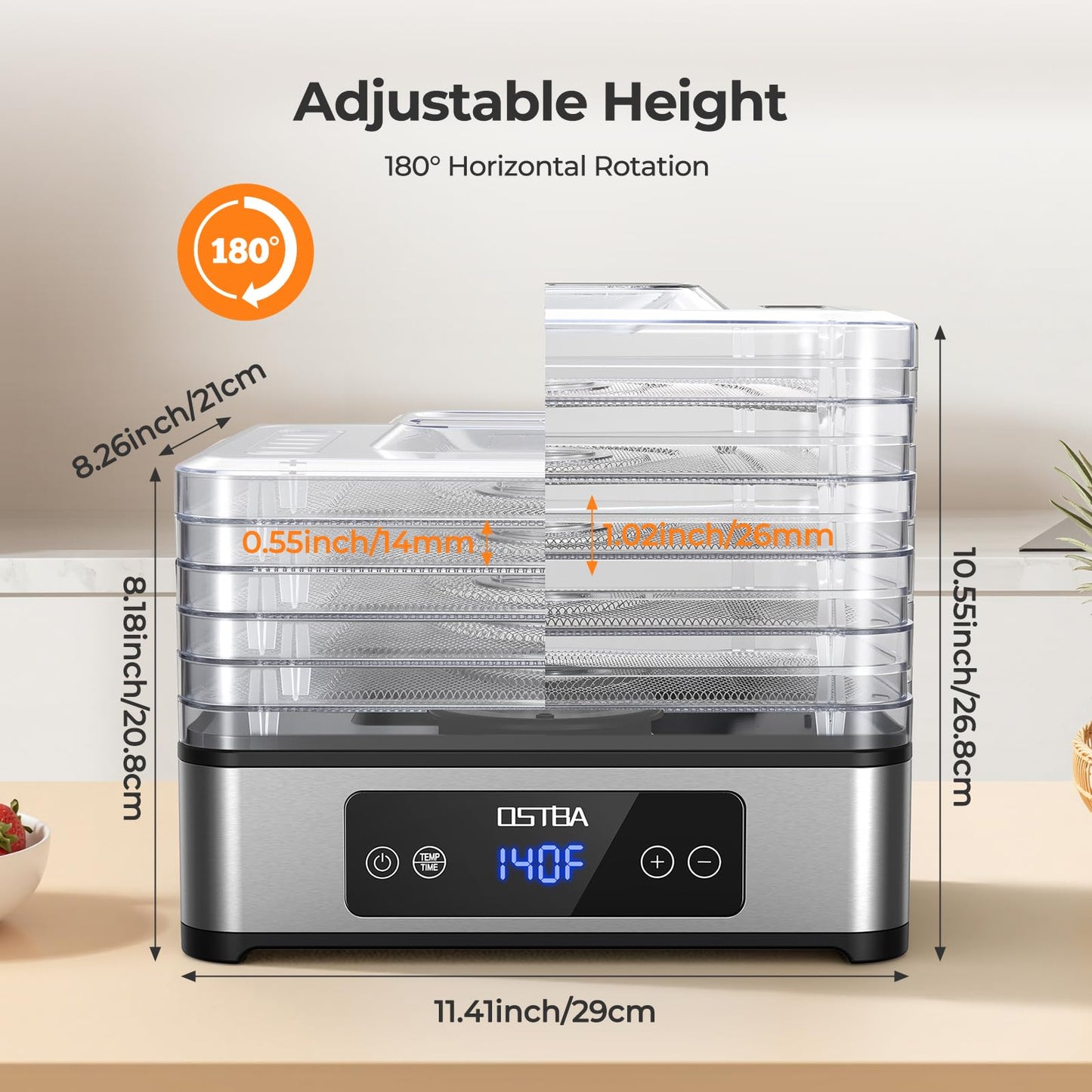 OSTBA Food Dehydrator, 5 Stainless Steel Trays, 48H Timer & Temp Control up to 160°F, 400W Food Dryer, Recipe Book for Jerky, Fruit, Meat, Vegetables, Herbs, BPA-Free