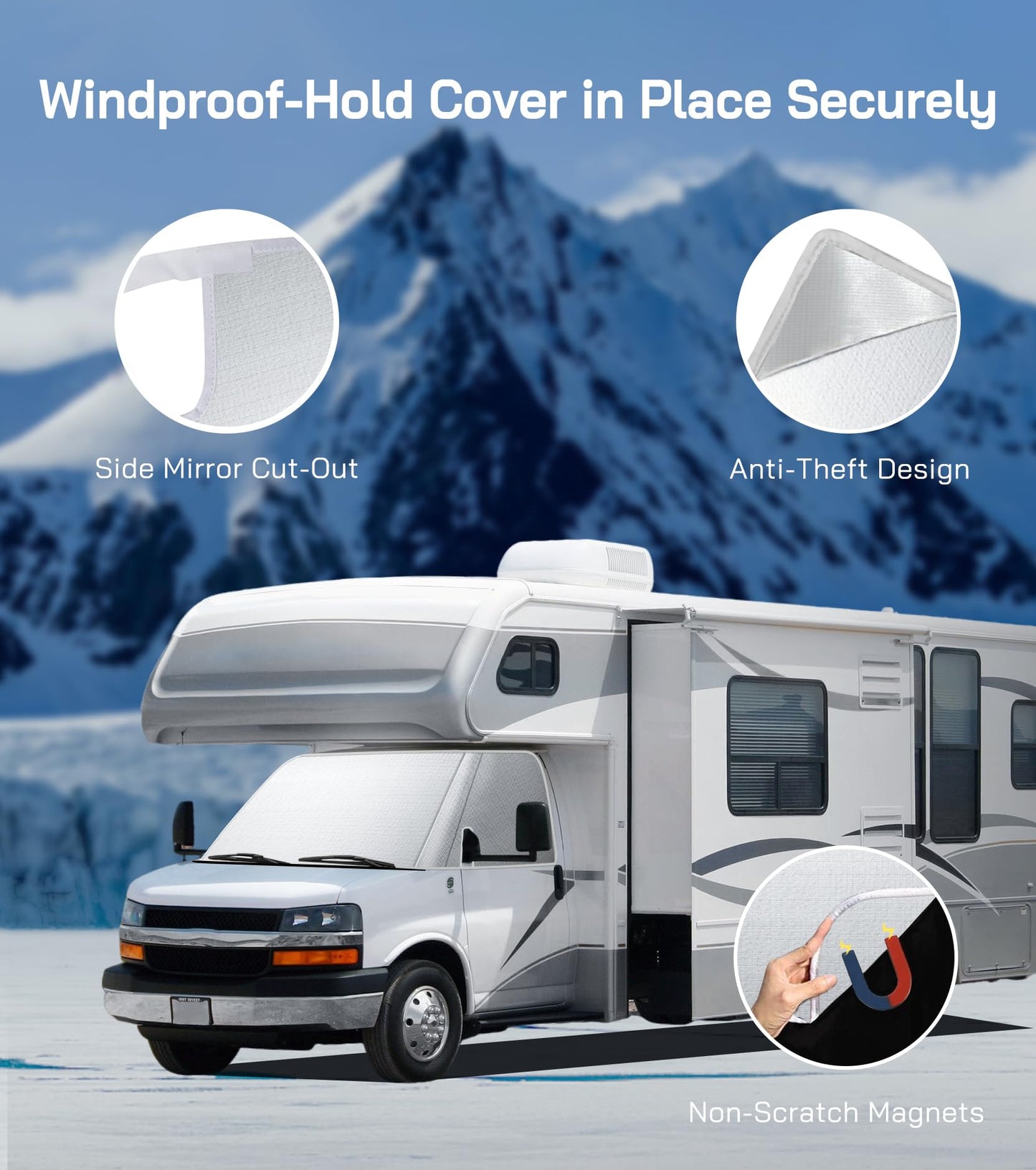 VANNCAMP Oxford Windshield Cover for Chevy Express/GMC Savana Van 2001-2026, Thick Class C Motorhome Front Window Cover, for Ice & Snow, Silver with Mirror Cutouts
