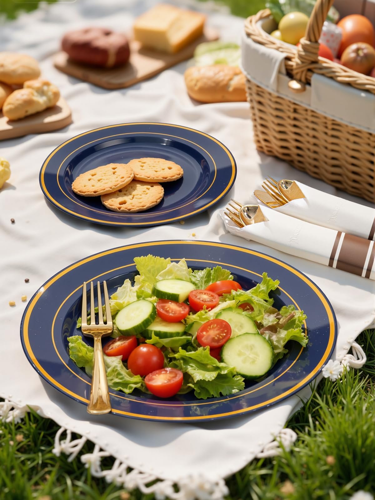 WDF Partyware 350PCS Navy Blue and Gold Plastic Plates with Rolled Napkins Include Dinner Plate 10’’, Dessert Plate 7’’, gold Cups 9 OZ, Pre Rolled Napkins for Birthday/Wedding/Party/Graduation