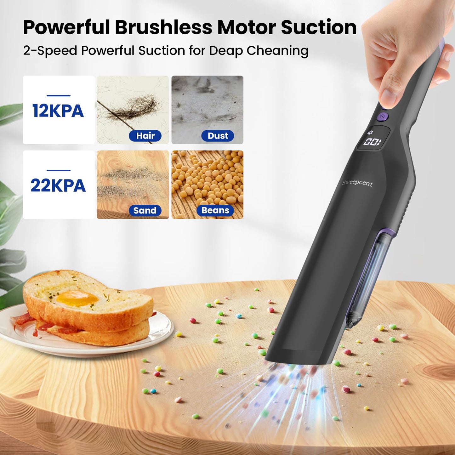 Sweepcent Handheld Vacuum Cordless, 24Kpa Car Vacuum with Brushless Motor, Charging Dock, Rechargeable, 1.5lbs Portable Handheld Vacuum with 2-Speed for Home/Car/Pet (Purple)
