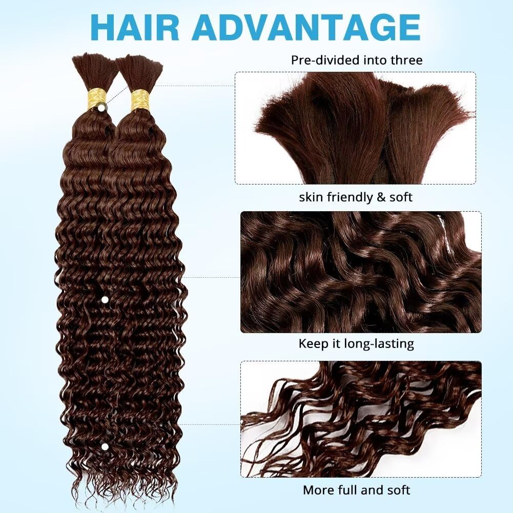 Human Braiding Hair Deep Water Wave Bulk 100g 20 Inch Color4 Curly for Boho Braids Extensions No Weft 2 Braids Per Pack Wet and Wavy Chocolate Brown