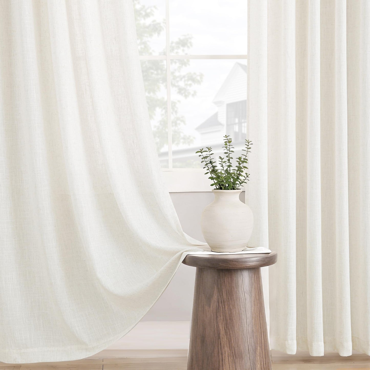 Triple Pinch Pleated 90 inch Long Linen Curtains 2 Panels Set for Living Room Track System Curtains Neutral Modern Farmhouse Light Filtering Semi Sheer Linen Blend Pinch Pleat Drapes 90 Length Cream