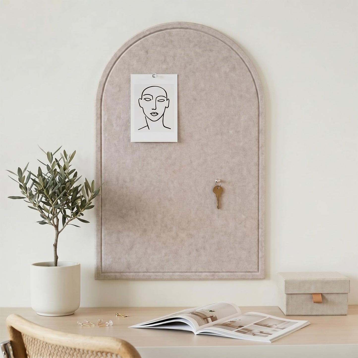 MotiMind Large Arched Felt Bulletin Board 35" x 24" Felt Pin Cork Board Alternative No-Drill Frameless Wall Tiles with 20 Gold Pins for Office Home Wall Decor Art Photo Display(Beige)