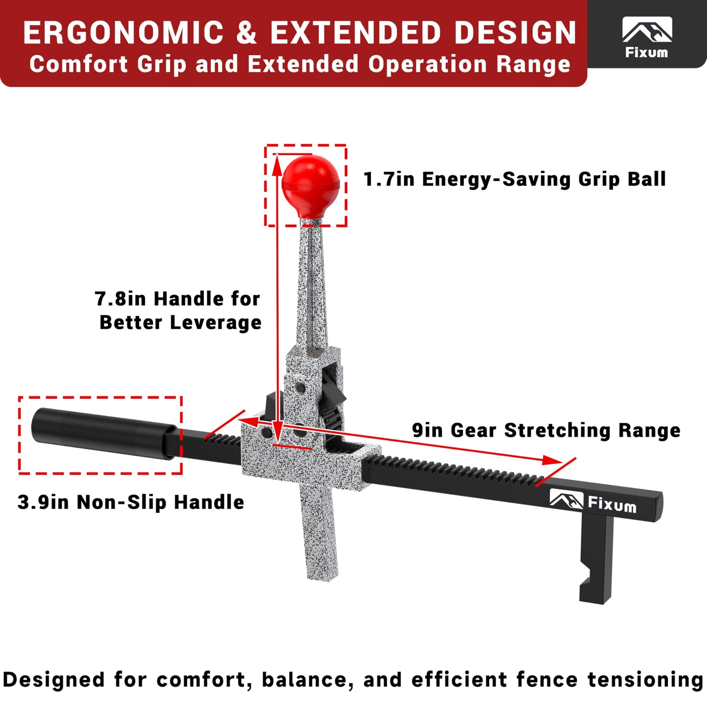 Chain Link Fence Stretcher Tool, Ratcheting Wire Fence Tightener & Puller for Woven Wire Fence, 3″–12″ Tension Range, 5° Tilted Base & Hooked Groove, One-Hand Operation for Farm & Yard