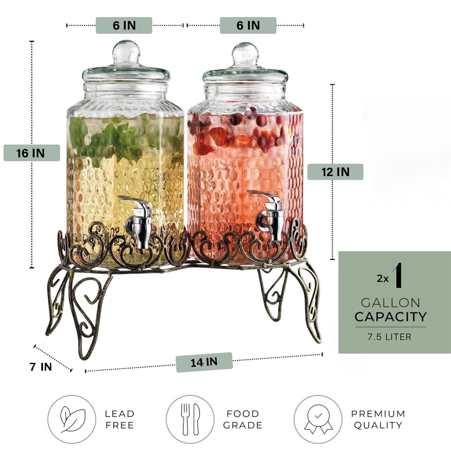 MosJos Glass Beverage Dispenser with Classy Metal Stand (Set of 2), 1.Gallon Glass Drink Dispenser with 100% Leak Proof Spigot, Party Drink Dispenser for Lemonade, Punch, Water, Juice for Parties