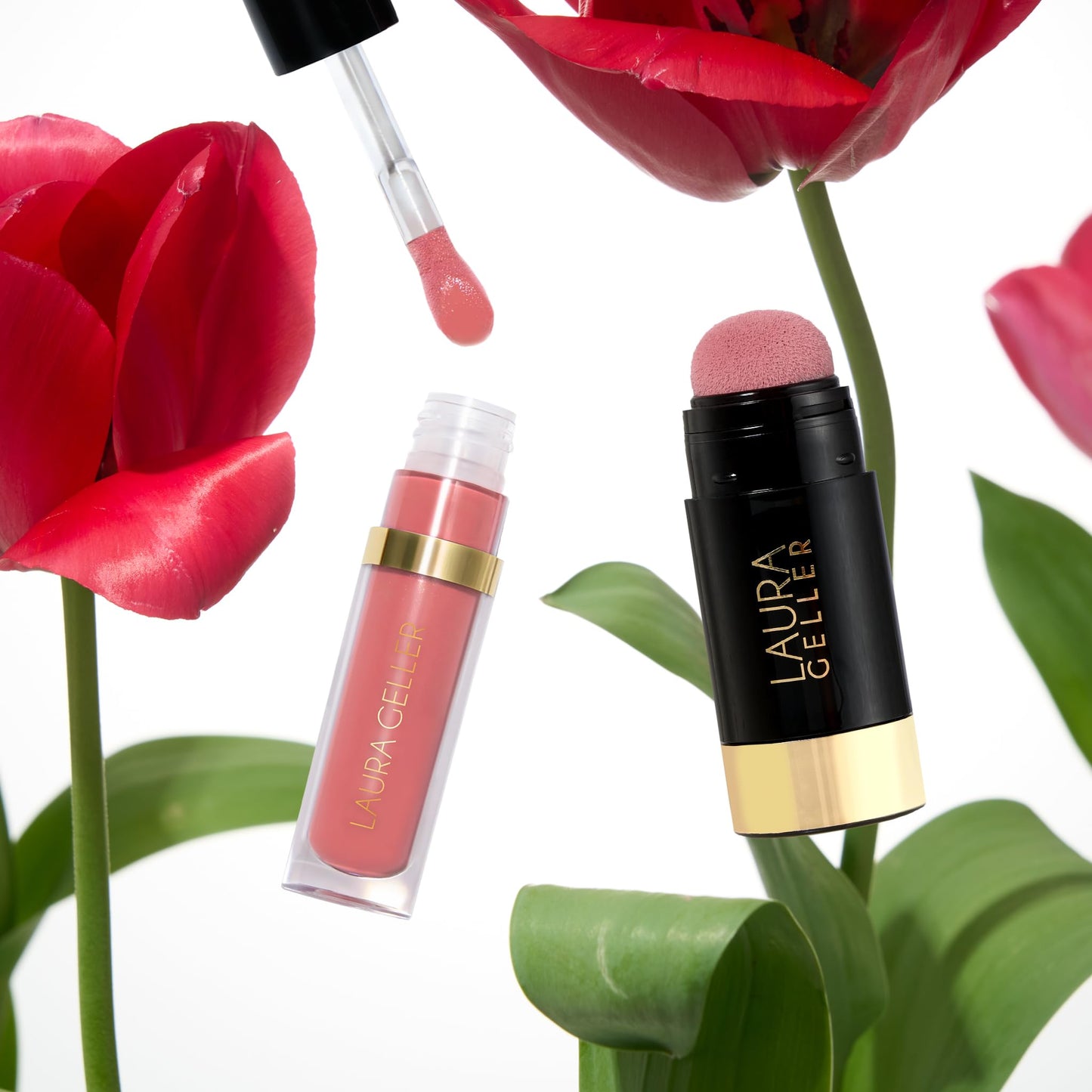 LAURA GELLER NEW YORK Serum Staples Soothing Blush + Lip Duo - Serum Blush Cheek Tint, Practical Pink + Jelly Balm Lip Serum, There She Rose