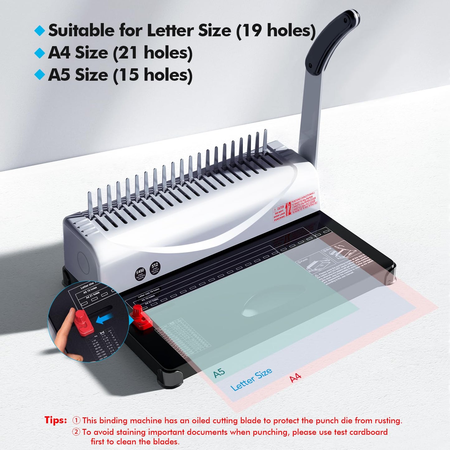 MAKEASY Comb Binding Machine - Punch 12 Sheet, Easy Punch No Jam, Heavy-Duty Metal Build, Book Binder for Office Reports & Home School Projects, Includes 100 Combs, Letter/A4/A5 Compatible